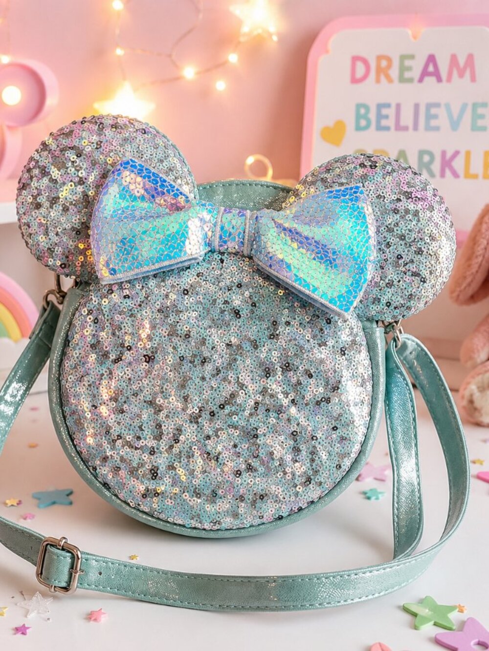 DISNEY TOKYO Resort Minnie Mouse Sequin Crossbody Bag Iridescent Aqua Blue Bow